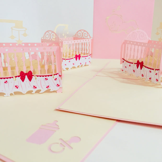 Large Super Cute Baby Cot in Pink Origami Pop Cards 3D Pop Up Greeting Card Merry Christmas Thank You Handmade Best Wishes Blank Card Gift Happy Holidays Celebrate the Special Day Party