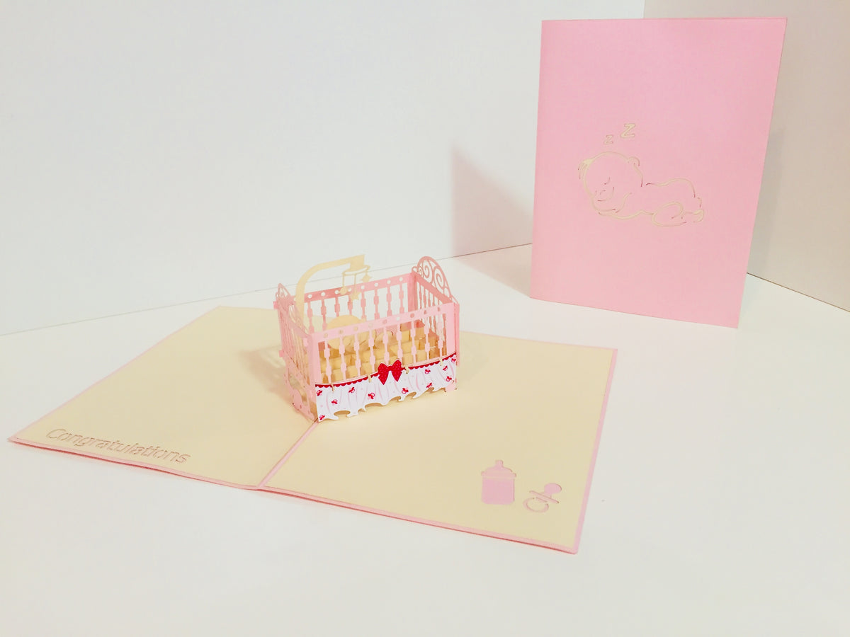 Large Super Cute Baby Cot in Pink Origami Pop Cards 3D Pop Up Greeting Card Merry Christmas Thank You Handmade Best Wishes Blank Card Gift Happy Holidays Celebrate the Special Day Party
