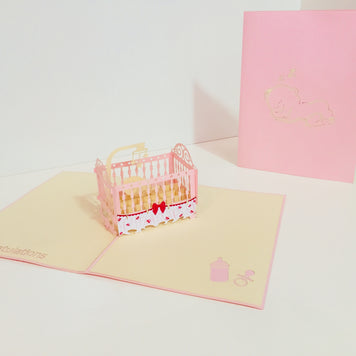 Large Super Cute Baby Cot in Pink Origami Pop Cards 3D Pop Up Greeting Card Merry Christmas Thank You Handmade Best Wishes Blank Card Gift Happy Holidays Celebrate the Special Day Party