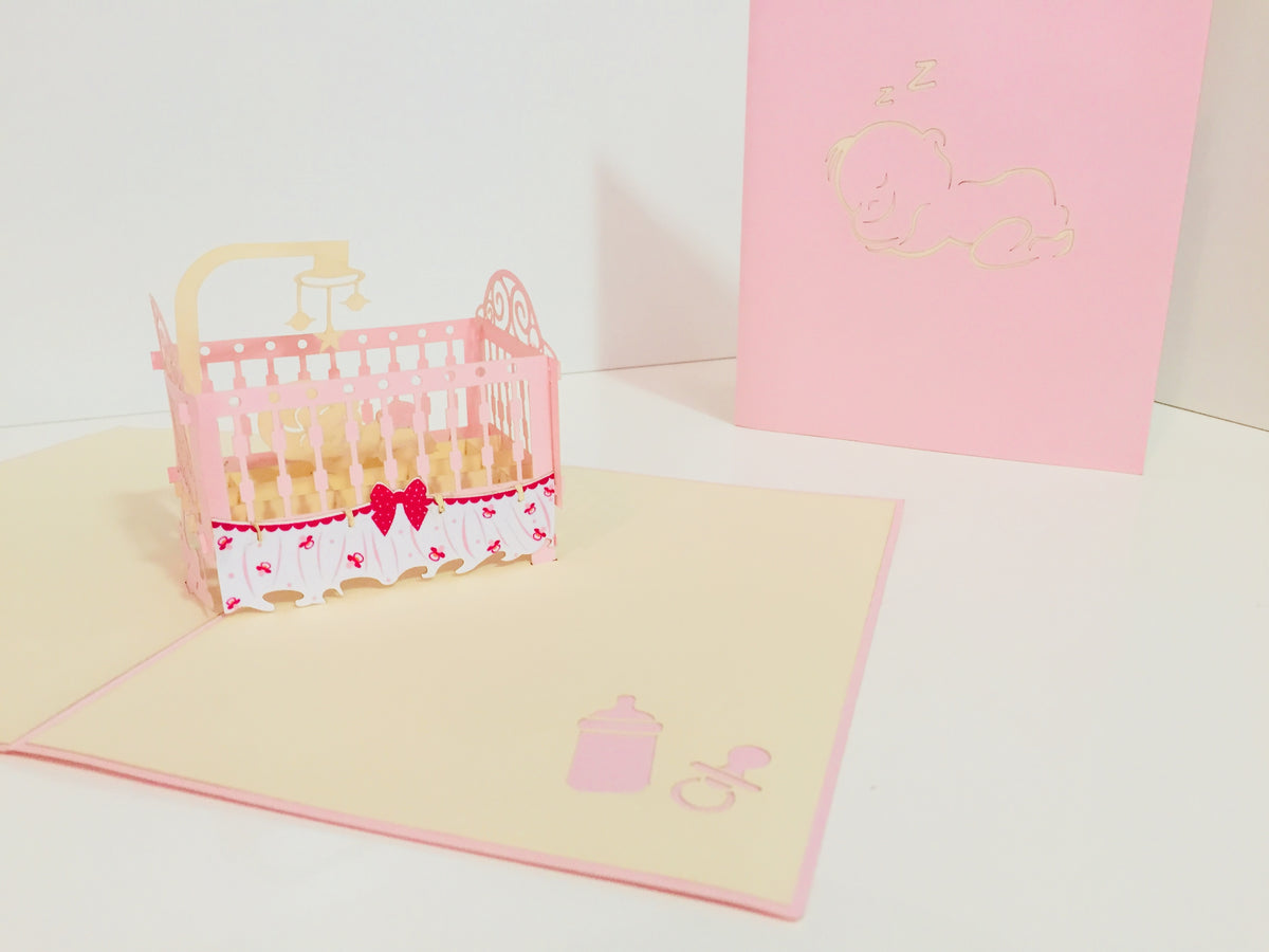 Large Super Cute Baby Cot in Pink Origami Pop Cards 3D Pop Up Greeting Card Merry Christmas Thank You Handmade Best Wishes Blank Card Gift Happy Holidays Celebrate the Special Day Party