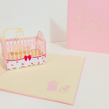 Large Super Cute Baby Cot in Pink Origami Pop Cards 3D Pop Up Greeting Card Merry Christmas Thank You Handmade Best Wishes Blank Card Gift Happy Holidays Celebrate the Special Day Party