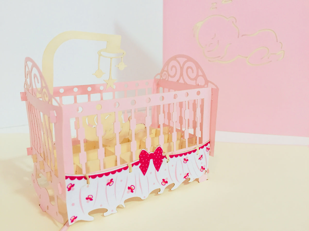 Large Super Cute Baby Cot in Pink Origami Pop Cards 3D Pop Up Greeting Card Merry Christmas Thank You Handmade Best Wishes Blank Card Gift Happy Holidays Celebrate the Special Day Party