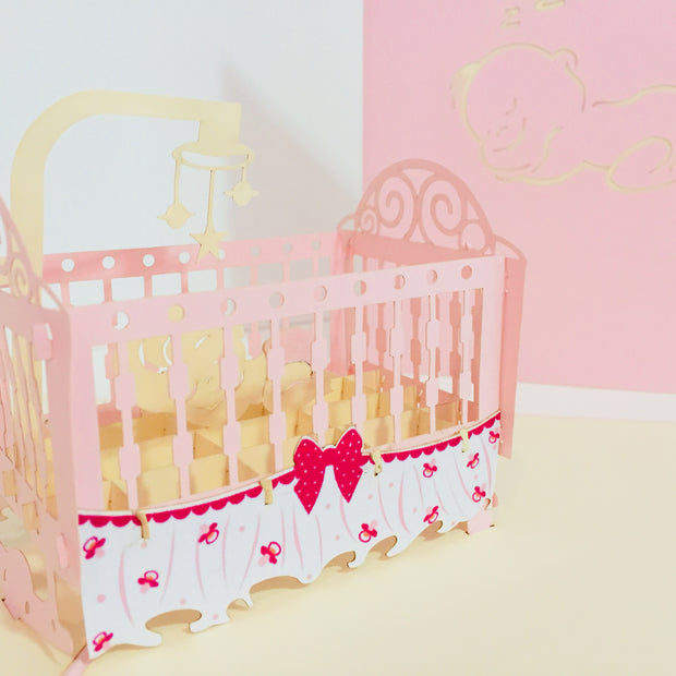 Large Super Cute Baby Cot in Pink Origami Pop Cards 3D Pop Up Greeting Card Merry Christmas Thank You Handmade Best Wishes Blank Card Gift Happy Holidays Celebrate the Special Day Party