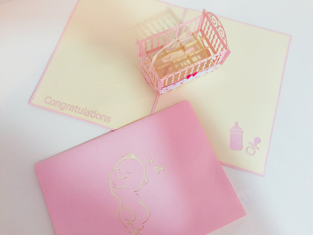 Large Super Cute Baby Cot in Pink Origami Pop Cards 3D Pop Up Greeting Card Merry Christmas Thank You Handmade Best Wishes Blank Card Gift Happy Holidays Celebrate the Special Day Party