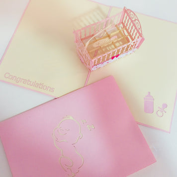 Large Super Cute Baby Cot in Pink Origami Pop Cards 3D Pop Up Greeting Card Merry Christmas Thank You Handmade Best Wishes Blank Card Gift Happy Holidays Celebrate the Special Day Party
