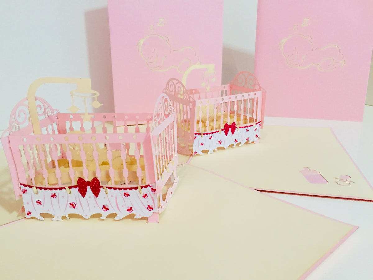 Large Super Cute Baby Cot in Pink Origami Pop Cards 3D Pop Up Greeting Card Merry Christmas Thank You Handmade Best Wishes Blank Card Gift Happy Holidays Celebrate the Special Day Party