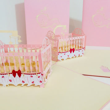 Large Super Cute Baby Cot in Pink Origami Pop Cards 3D Pop Up Greeting Card Merry Christmas Thank You Handmade Best Wishes Blank Card Gift Happy Holidays Celebrate the Special Day Party