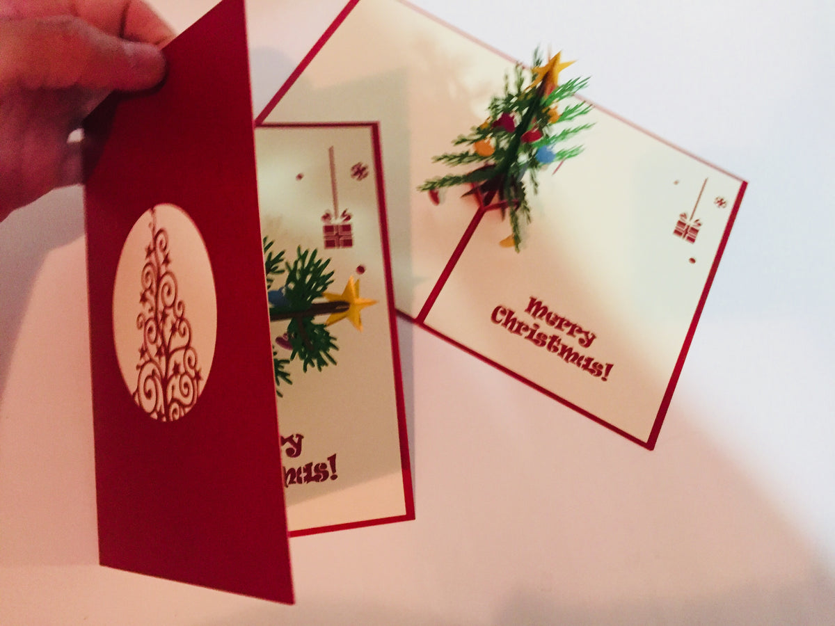 Metallic Large Traditional Christmas Tree Origami Pop Cards 3D Pop Up Greeting Card Merry Christmas Thank You Handmade Best Wishes Blank Card Gift Happy Holidays Celebrate the Special Day Party