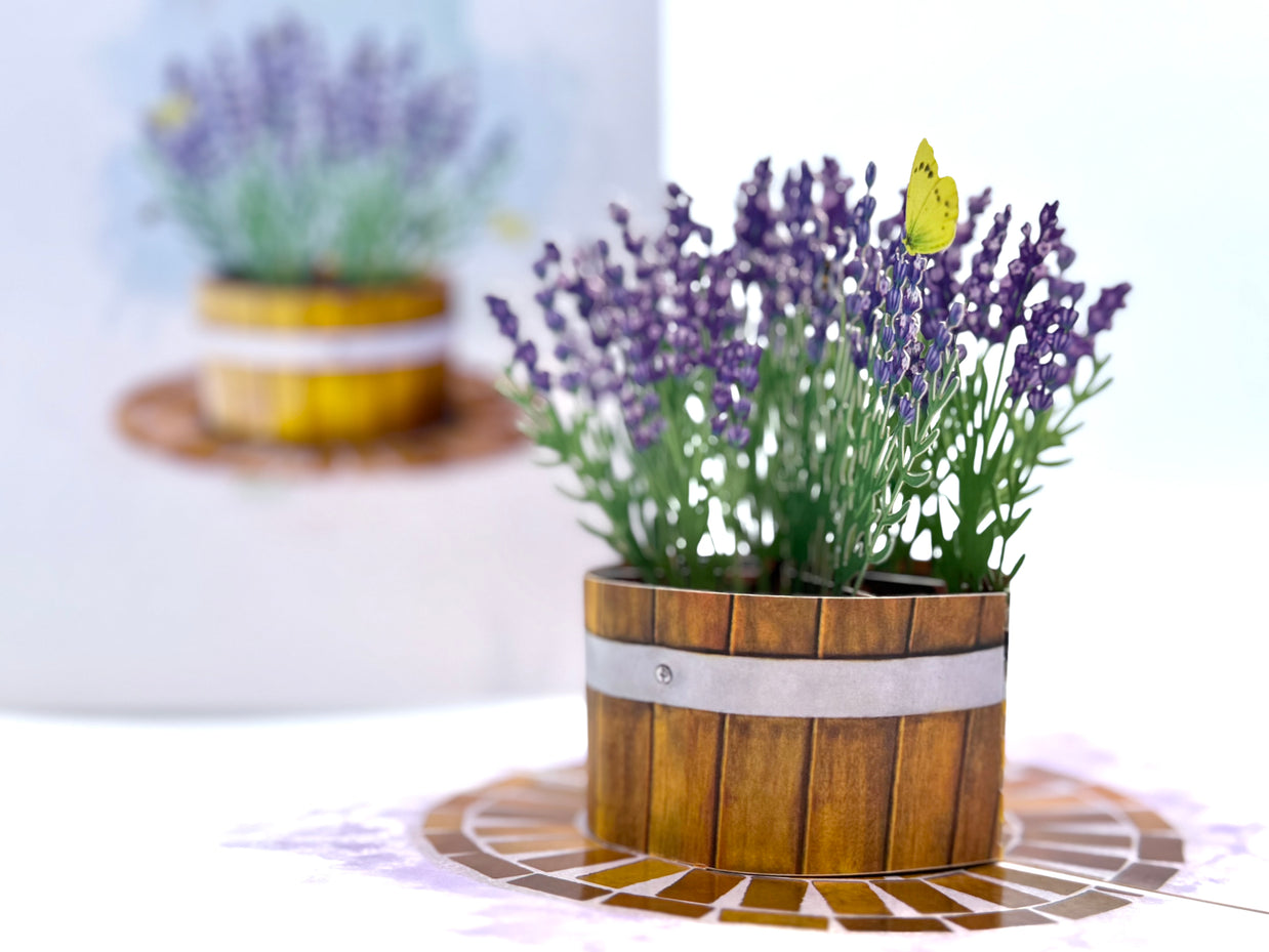 Lavender Flowers in Wooden Bucket Origami Pop Cards 3D Pop Up Greeting Card Happy Birthday Thank You Handmade Gift Thinking of You Blank Card for Any Occasion Happy Mother's Day Happy Father's Australiana Celebrate the Beauty of Flower and Romantic