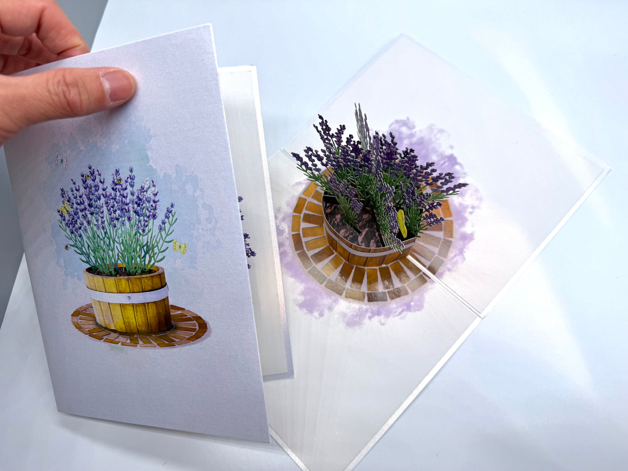 Lavender Flowers in Wooden Bucket Origami Pop Cards 3D Pop Up Greeting Card Happy Birthday Thank You Handmade Gift Thinking of You Blank Card for Any Occasion Happy Mother's Day Happy Father's Australiana Celebrate the Beauty of Flower and Romantic
