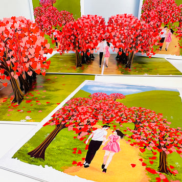 Love Heart Cherry Blossom Forest with a Couple in Love 3D POP UP GREETING CARD - Created by Origami Pop Cards Australian Design & Handmade 3D Pop Up Magical Paper Cards, Handmade Pop Up Cards Happy Valentine's Day Celebrate Love Heart Fell and Romantic