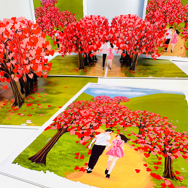 Love Heart Cherry Blossom Forest with a Couple in Love 3D POP UP GREETING CARD - Created by Origami Pop Cards Australian Design & Handmade 3D Pop Up Magical Paper Cards, Handmade Pop Up Cards Happy Valentine's Day Celebrate Love Heart Fell and Romantic