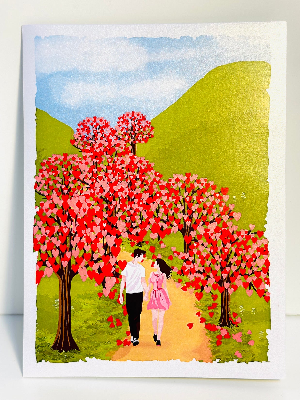 Love Heart Cherry Blossom Forest with a Couple in Love 3D POP UP GREETING CARD - Created by Origami Pop Cards Australian Design & Handmade 3D Pop Up Magical Paper Cards, Handmade Pop Up Cards Happy Valentine's Day Celebrate Love Heart Fell and Romantic