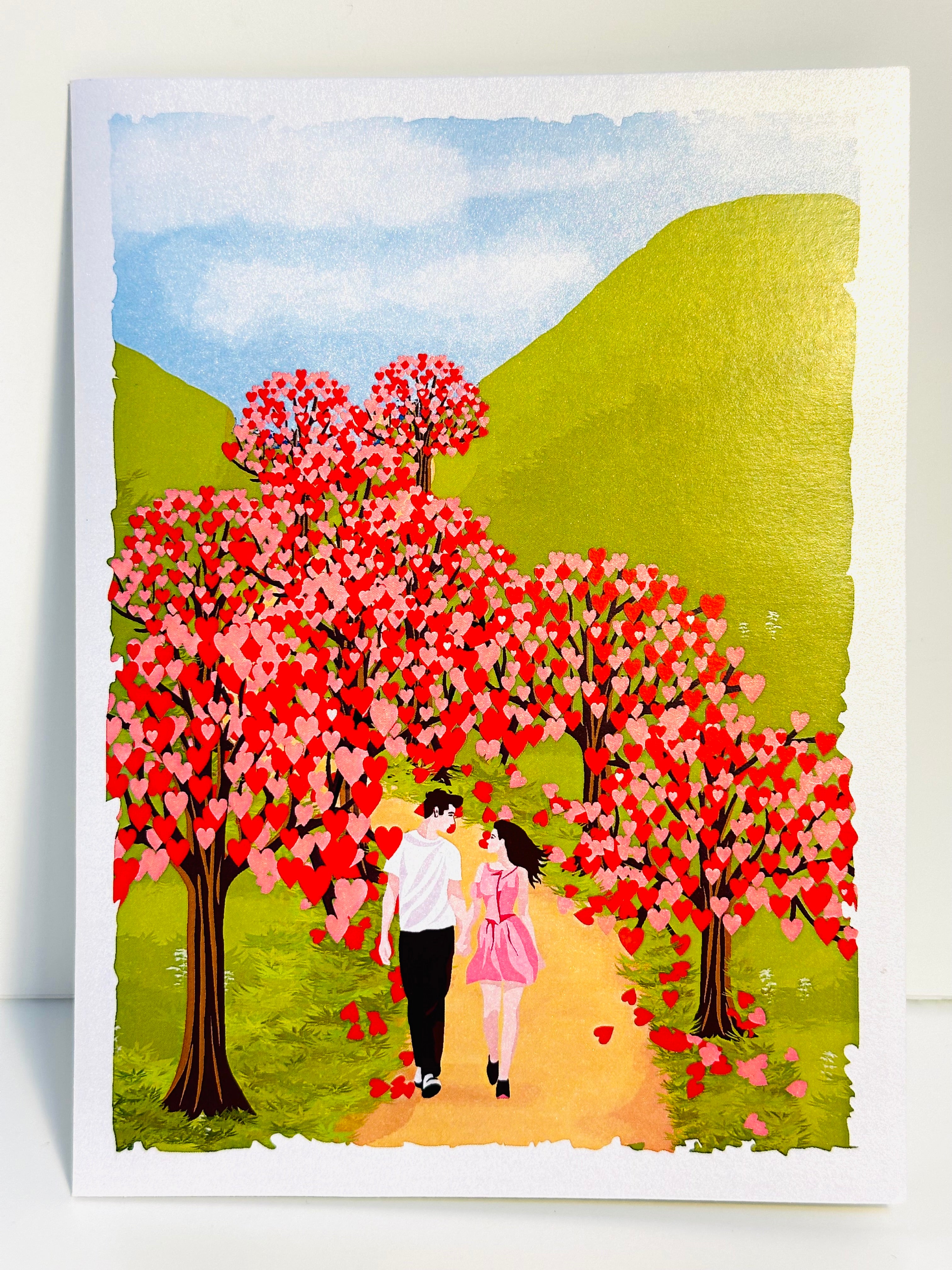 Love Heart Cherry Blossom Forest with a Couple in Love 3D POP UP GREETING CARD - Created by Origami Pop Cards Australian Design & Handmade 3D Pop Up Magical Paper Cards, Handmade Pop Up Cards Happy Valentine's Day Celebrate Love Heart Fell and Romantic
