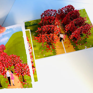Love Heart Cherry Blossom Forest with a Couple in Love 3D POP UP GREETING CARD - Created by Origami Pop Cards Australian Design & Handmade 3D Pop Up Magical Paper Cards, Handmade Pop Up Cards Happy Valentine's Day Celebrate Love Heart Fell and Romantic