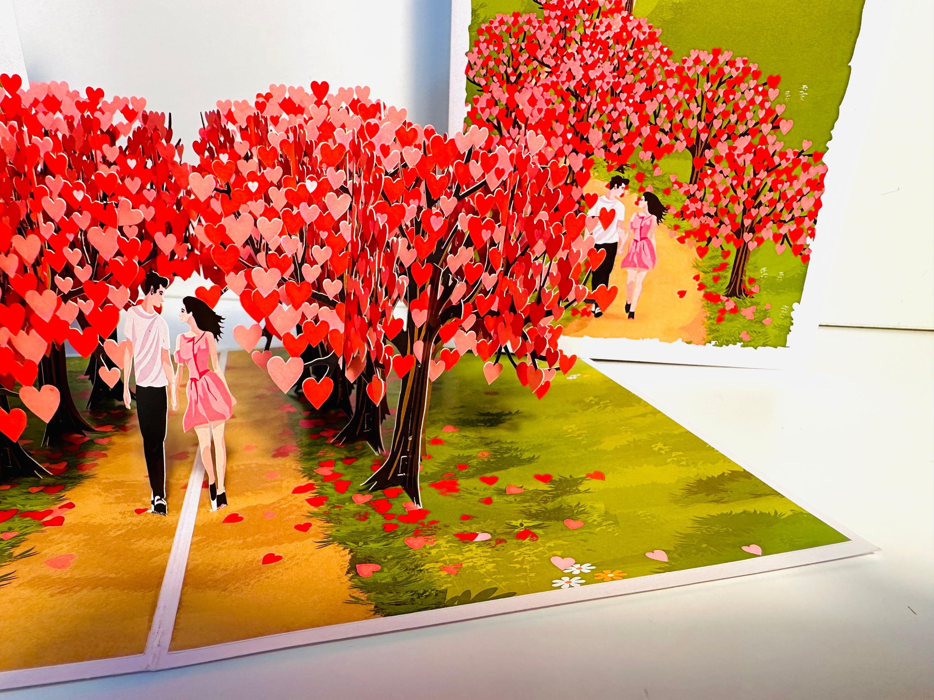 Love Heart Cherry Blossom Forest with a Couple in Love 3D POP UP GREETING CARD - Created by Origami Pop Cards Australian Design & Handmade 3D Pop Up Magical Paper Cards, Handmade Pop Up Cards Happy Valentine's Day Celebrate Love Heart Fell and Romantic