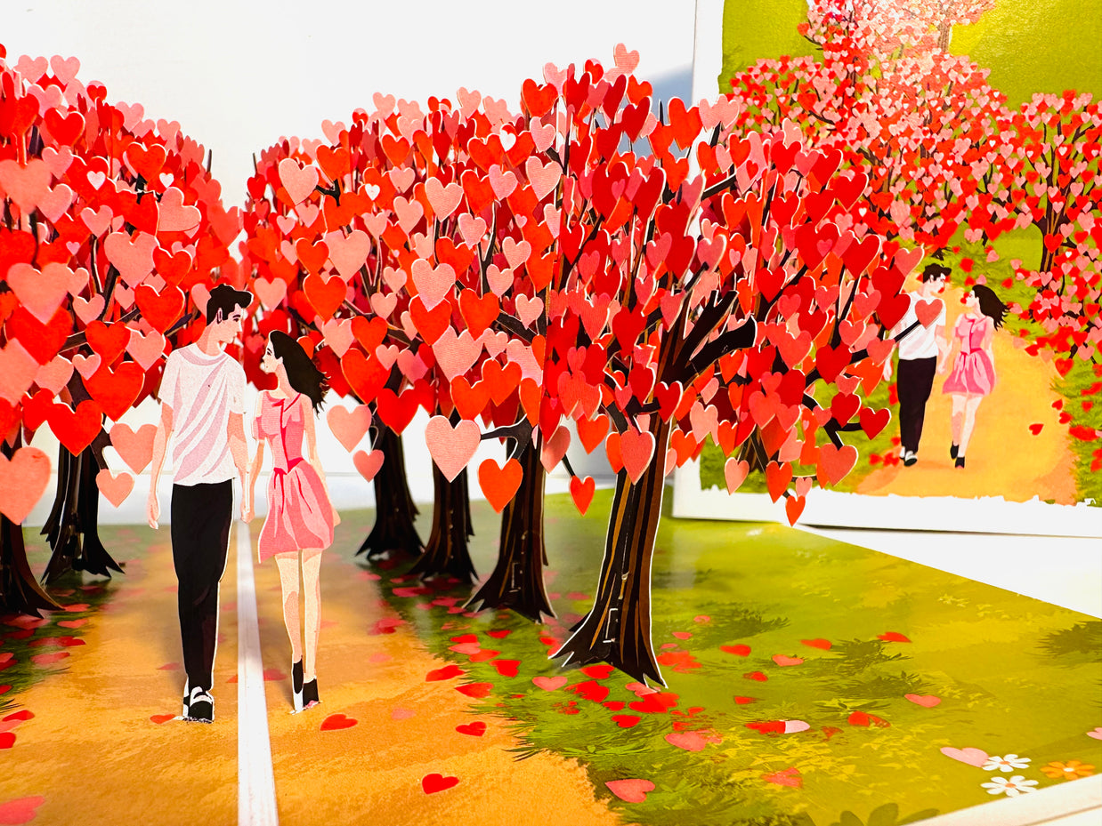 Love Heart Cherry Blossom Forest with a Couple in Love 3D POP UP GREETING CARD - Created by Origami Pop Cards Australian Design & Handmade 3D Pop Up Magical Paper Cards, Handmade Pop Up Cards Happy Valentine's Day Celebrate Love Heart Fell and Romantic