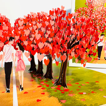 Love Heart Cherry Blossom Forest with a Couple in Love 3D POP UP GREETING CARD - Created by Origami Pop Cards Australian Design & Handmade 3D Pop Up Magical Paper Cards, Handmade Pop Up Cards Happy Valentine's Day Celebrate Love Heart Fell and Romantic
