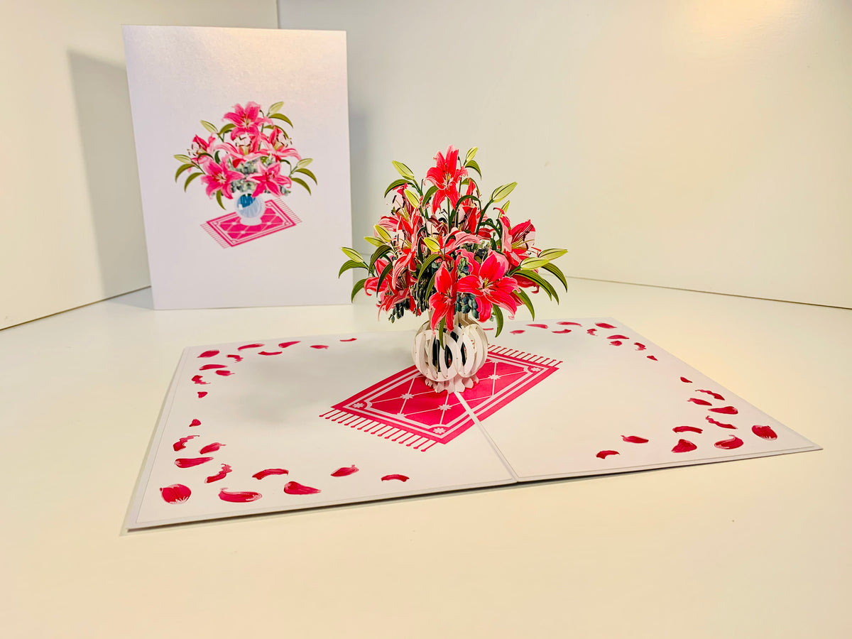 Lush Pink Oriental Lilies in a Vase Origami Pop Cards 3D Pop Up Greeting Card Happy Birthday Thank You Handmade Gift Thinking of You Blank Card for Any Occasion Happy Mother's Day Happy Father's Australiana Celebrate Love and Romantic