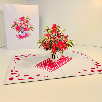 Lush Pink Oriental Lilies in a Vase Origami Pop Cards 3D Pop Up Greeting Card Happy Birthday Thank You Handmade Gift Thinking of You Blank Card for Any Occasion Happy Mother's Day Happy Father's Australiana Celebrate Love and Romantic