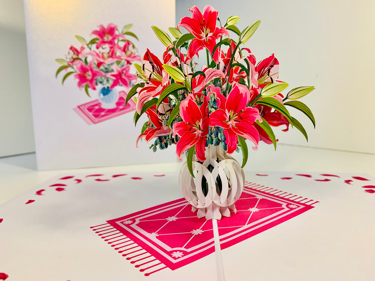 Lush Pink Oriental Lilies in a Vase Origami Pop Cards 3D Pop Up Greeting Card Happy Birthday Thank You Handmade Gift Thinking of You Blank Card for Any Occasion Happy Mother's Day Happy Father's Australiana Celebrate Love and Romantic