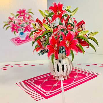 Lush Pink Oriental Lilies in a Vase Origami Pop Cards 3D Pop Up Greeting Card Happy Birthday Thank You Handmade Gift Thinking of You Blank Card for Any Occasion Happy Mother's Day Happy Father's Australiana Celebrate Love and Romantic