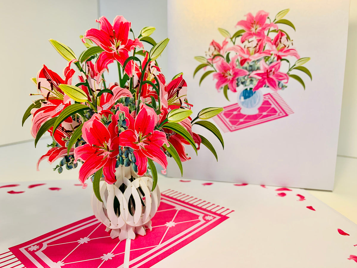 Lush Pink Oriental Lilies in a Vase Origami Pop Cards 3D Pop Up Greeting Card Happy Birthday Thank You Handmade Gift Thinking of You Blank Card for Any Occasion Happy Mother's Day Happy Father's Australiana Celebrate Love and Romantic