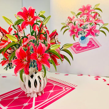 Lush Pink Oriental Lilies in a Vase Origami Pop Cards 3D Pop Up Greeting Card Happy Birthday Thank You Handmade Gift Thinking of You Blank Card for Any Occasion Happy Mother's Day Happy Father's Australiana Celebrate Love and Romantic