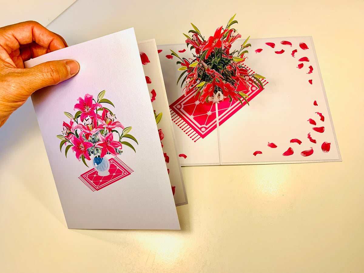 Lush Pink Oriental Lilies in a Vase Origami Pop Cards 3D Pop Up Greeting Card Happy Birthday Thank You Handmade Gift Thinking of You Blank Card for Any Occasion Happy Mother's Day Happy Father's Australiana Celebrate Love and Romantic