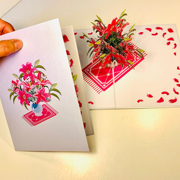 Lush Pink Oriental Lilies in a Vase Origami Pop Cards 3D Pop Up Greeting Card Happy Birthday Thank You Handmade Gift Thinking of You Blank Card for Any Occasion Happy Mother's Day Happy Father's Australiana Celebrate Love and Romantic