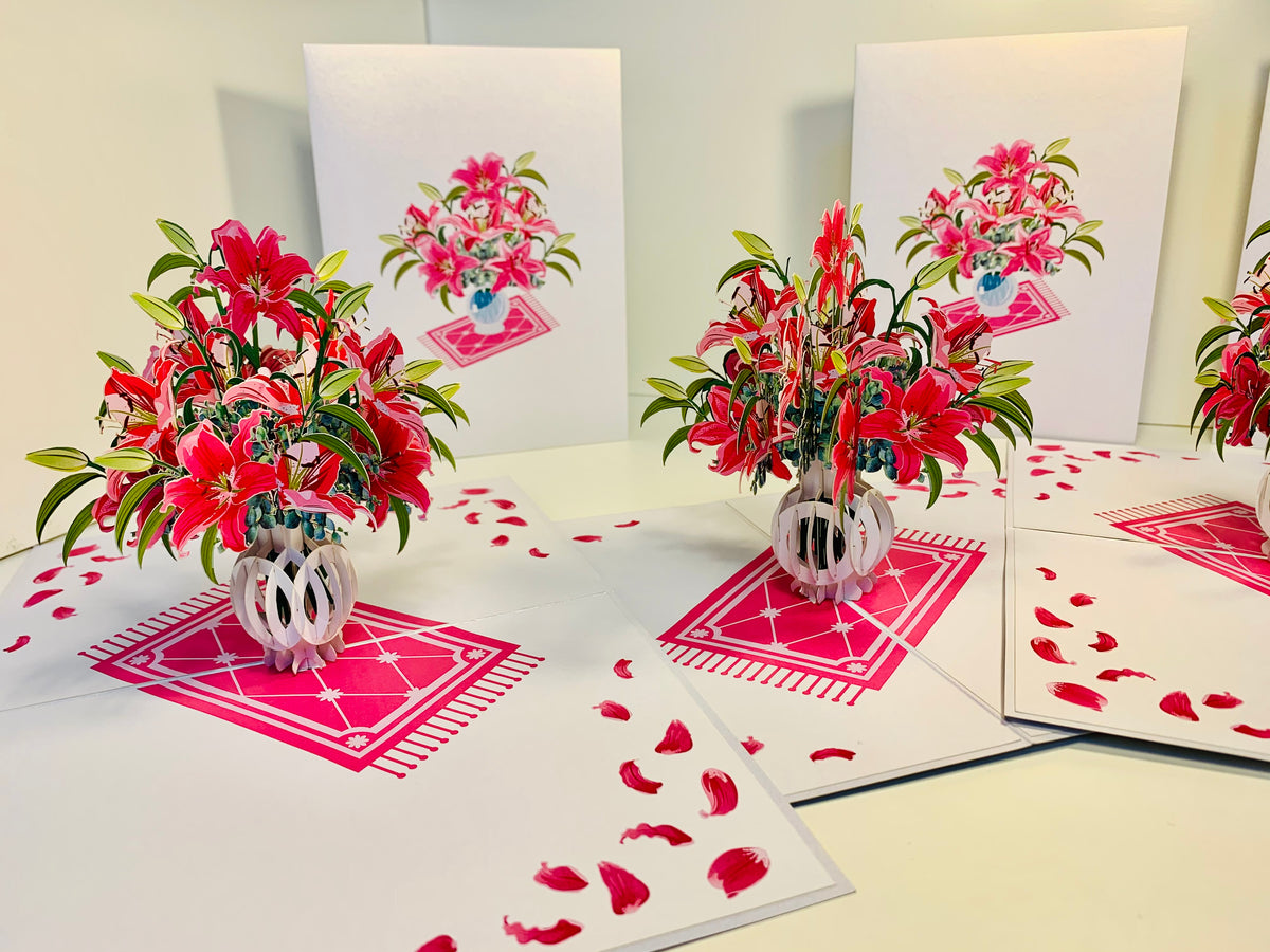 Lush Pink Oriental Lilies in a Vase Origami Pop Cards 3D Pop Up Greeting Card Happy Birthday Thank You Handmade Gift Thinking of You Blank Card for Any Occasion Happy Mother's Day Happy Father's Australiana Celebrate Love and Romantic