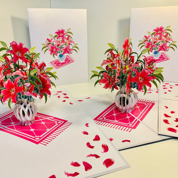Lush Pink Oriental Lilies in a Vase Origami Pop Cards 3D Pop Up Greeting Card Happy Birthday Thank You Handmade Gift Thinking of You Blank Card for Any Occasion Happy Mother's Day Happy Father's Australiana Celebrate Love and Romantic