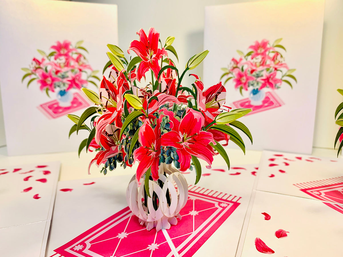 Lush Pink Oriental Lilies in a Vase Origami Pop Cards 3D Pop Up Greeting Card Happy Birthday Thank You Handmade Gift Thinking of You Blank Card for Any Occasion Happy Mother's Day Happy Father's Australiana Celebrate Love and Romantic