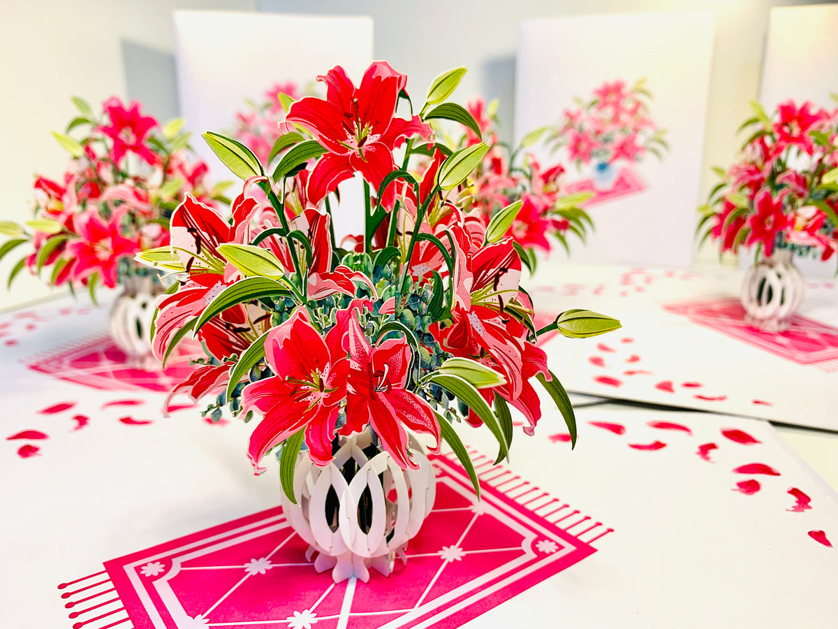 Lush Pink Oriental Lilies in a Vase Origami Pop Cards 3D Pop Up Greeting Card Happy Birthday Thank You Handmade Gift Thinking of You Blank Card for Any Occasion Happy Mother's Day Happy Father's Australiana Celebrate Love and Romantic
