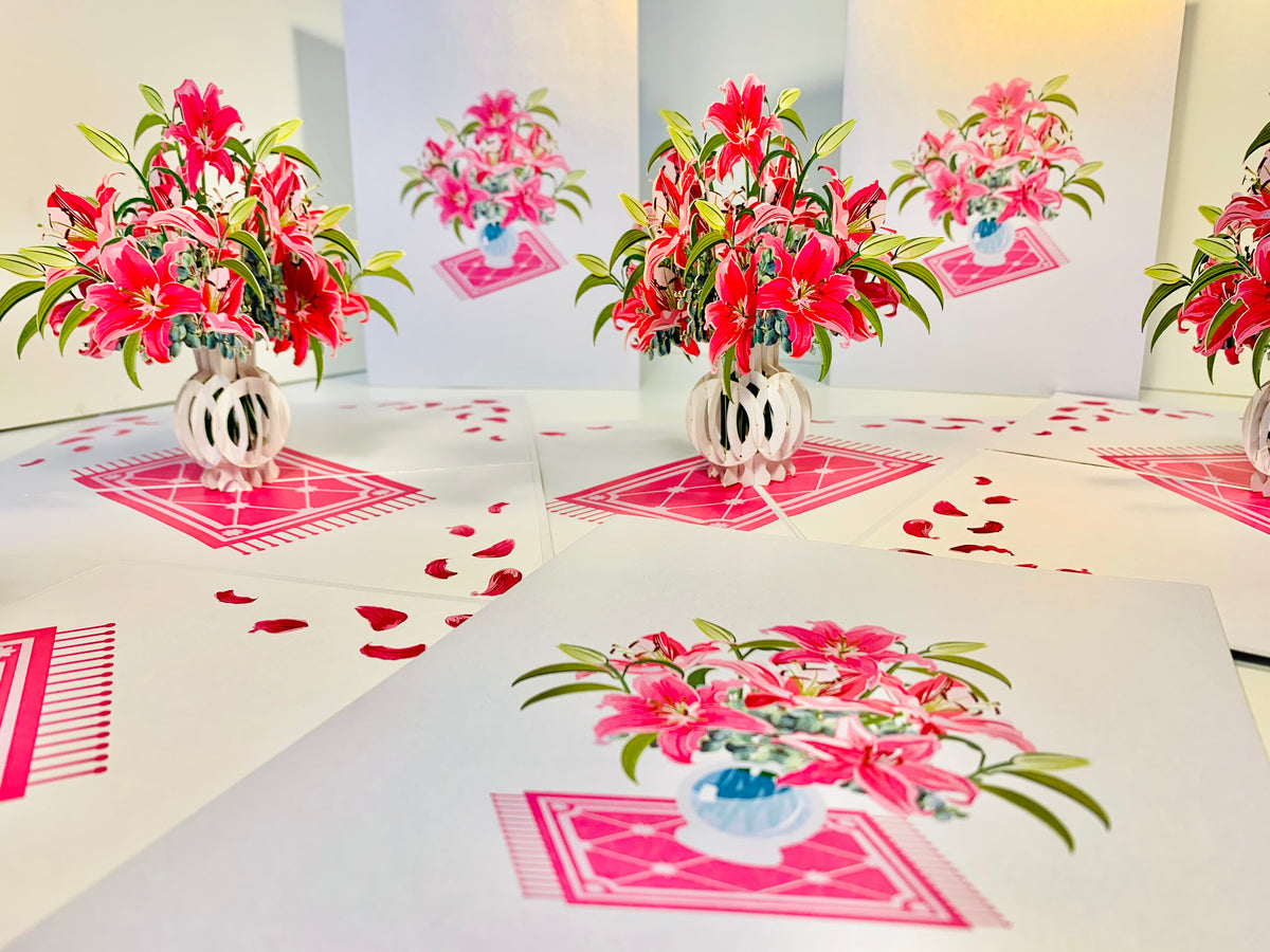 Lush Pink Oriental Lilies in a Vase Origami Pop Cards 3D Pop Up Greeting Card Happy Birthday Thank You Handmade Gift Thinking of You Blank Card for Any Occasion Happy Mother's Day Happy Father's Australiana Celebrate Love and Romantic