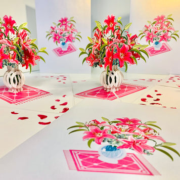 Lush Pink Oriental Lilies in a Vase Origami Pop Cards 3D Pop Up Greeting Card Happy Birthday Thank You Handmade Gift Thinking of You Blank Card for Any Occasion Happy Mother's Day Happy Father's Australiana Celebrate Love and Romantic