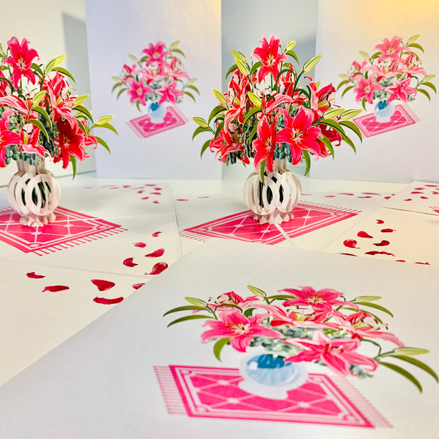 Lush Pink Oriental Lilies in a Vase Origami Pop Cards 3D Pop Up Greeting Card Happy Birthday Thank You Handmade Gift Thinking of You Blank Card for Any Occasion Happy Mother's Day Happy Father's Australiana Celebrate Love and Romantic