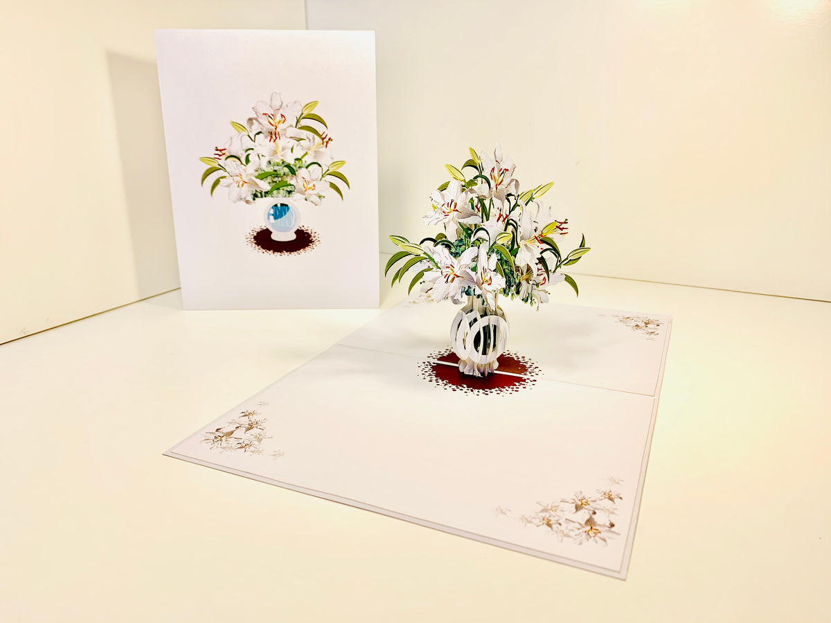 Lush White Oriental Lilies in a Vase Origami Pop Cards 3D Pop Up Greeting Card Happy Birthday Thank You Handmade Gift Thinking of You Blank Card for Any Occasion Happy Mother's Day Happy Father's Australiana Celebrate Love and Romantic