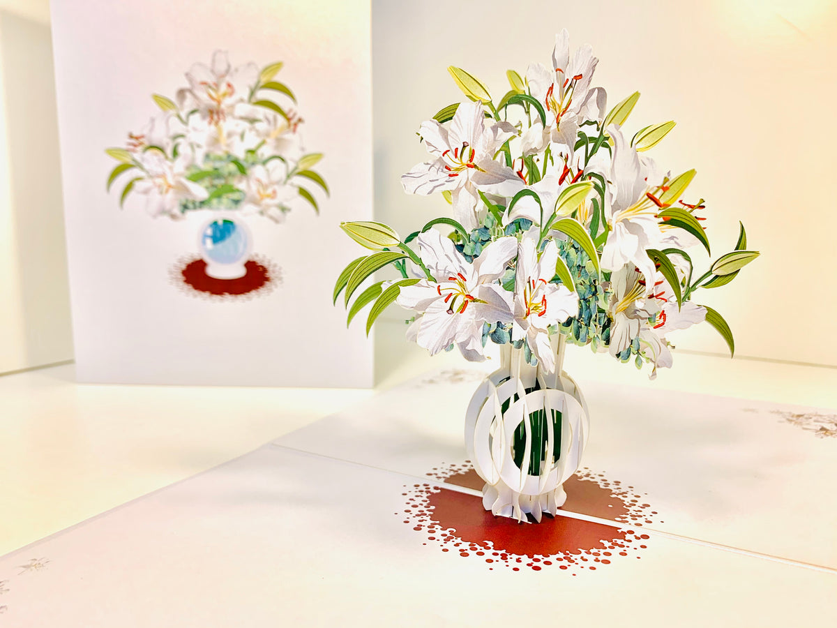 Lush White Oriental Lilies in a Vase Origami Pop Cards 3D Pop Up Greeting Card Happy Birthday Thank You Handmade Gift Thinking of You Blank Card for Any Occasion Happy Mother's Day Happy Father's Australiana Celebrate Love and Romantic