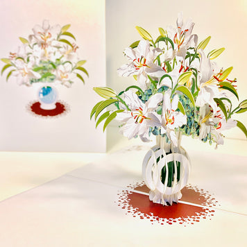 Lush White Oriental Lilies in a Vase Origami Pop Cards 3D Pop Up Greeting Card Happy Birthday Thank You Handmade Gift Thinking of You Blank Card for Any Occasion Happy Mother's Day Happy Father's Australiana Celebrate Love and Romantic