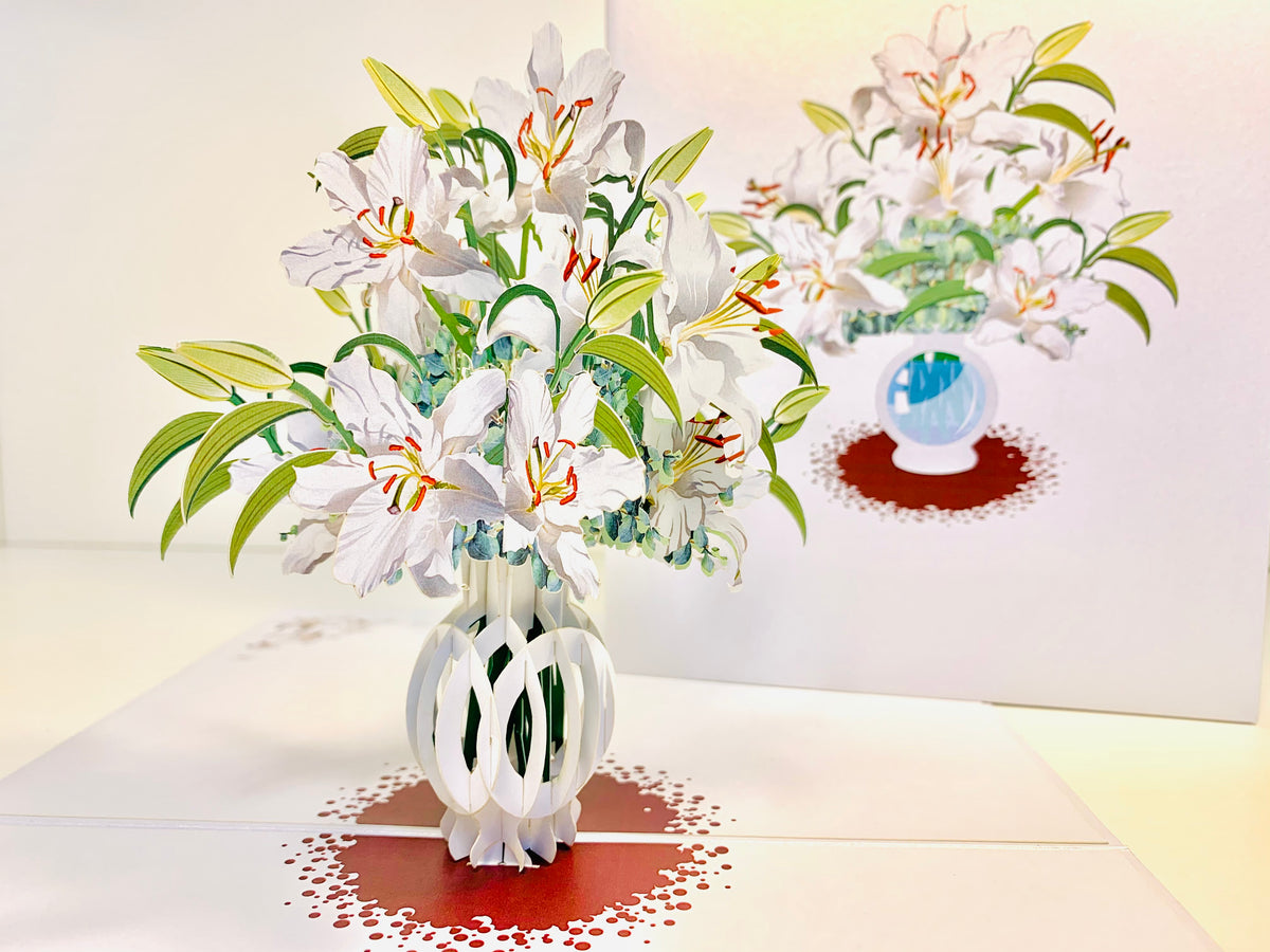 Lush White Oriental Lilies in a Vase Origami Pop Cards 3D Pop Up Greeting Card Happy Birthday Thank You Handmade Gift Thinking of You Blank Card for Any Occasion Happy Mother's Day Happy Father's Australiana Celebrate Love and Romantic