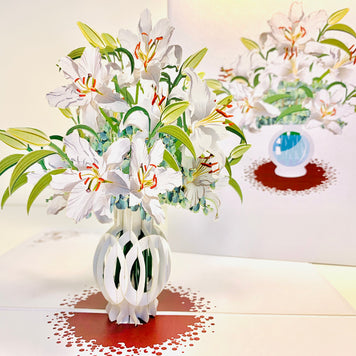 Lush White Oriental Lilies in a Vase Origami Pop Cards 3D Pop Up Greeting Card Happy Birthday Thank You Handmade Gift Thinking of You Blank Card for Any Occasion Happy Mother's Day Happy Father's Australiana Celebrate Love and Romantic