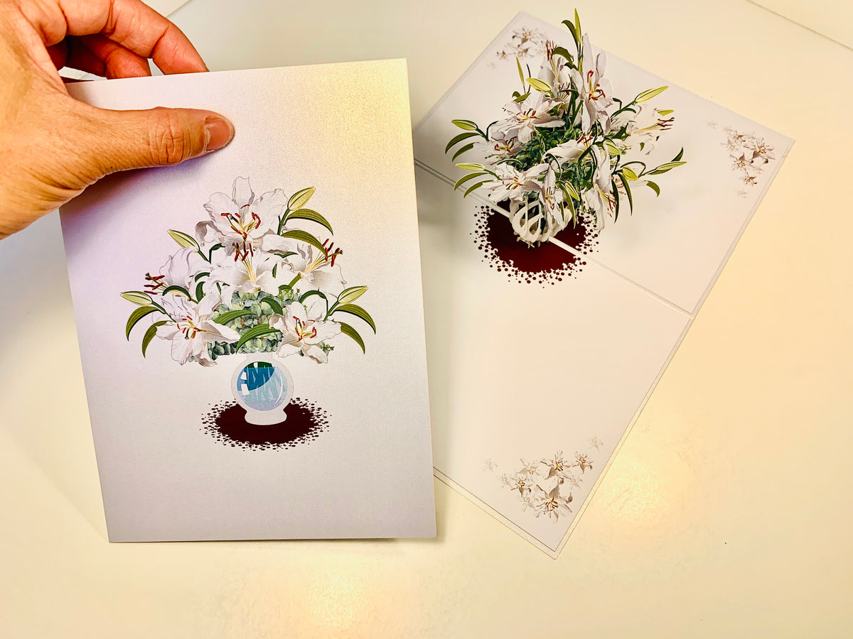 Lush White Oriental Lilies in a Vase Origami Pop Cards 3D Pop Up Greeting Card Happy Birthday Thank You Handmade Gift Thinking of You Blank Card for Any Occasion Happy Mother's Day Happy Father's Australiana Celebrate Love and Romantic
