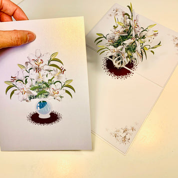 Lush White Oriental Lilies in a Vase Origami Pop Cards 3D Pop Up Greeting Card Happy Birthday Thank You Handmade Gift Thinking of You Blank Card for Any Occasion Happy Mother's Day Happy Father's Australiana Celebrate Love and Romantic