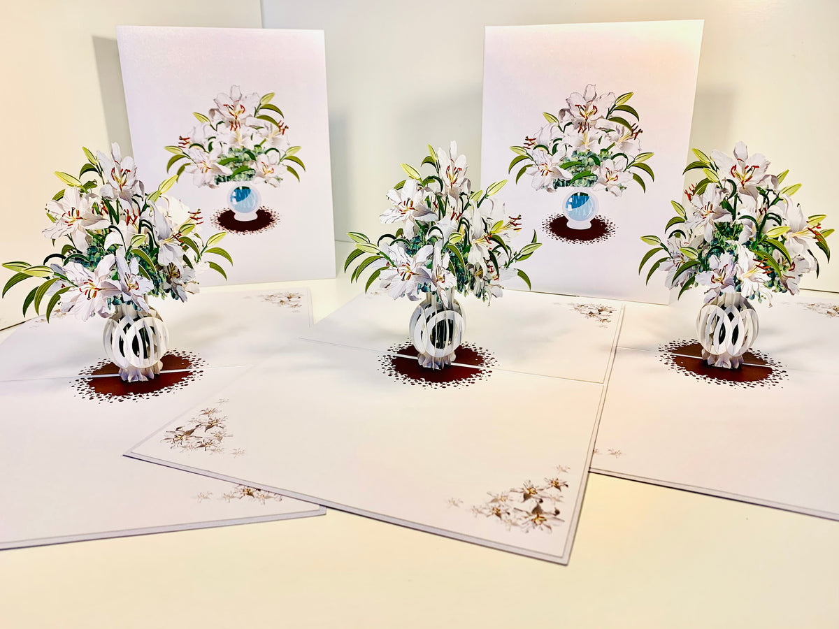 Lush White Oriental Lilies in a Vase Origami Pop Cards 3D Pop Up Greeting Card Happy Birthday Thank You Handmade Gift Thinking of You Blank Card for Any Occasion Happy Mother's Day Happy Father's Australiana Celebrate Love and Romantic