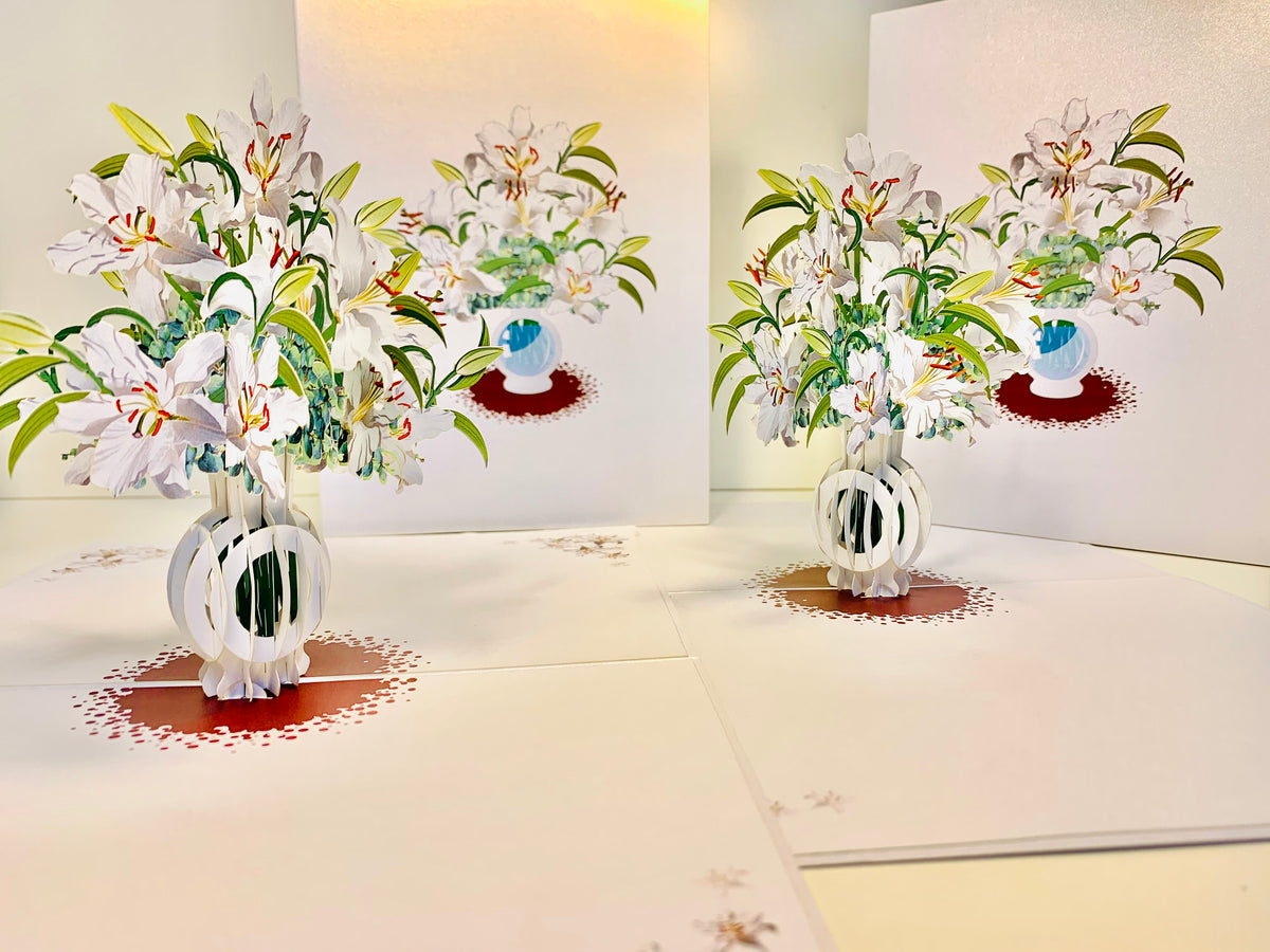 Lush White Oriental Lilies in a Vase Origami Pop Cards 3D Pop Up Greeting Card Happy Birthday Thank You Handmade Gift Thinking of You Blank Card for Any Occasion Happy Mother's Day Happy Father's Australiana Celebrate Love and Romantic