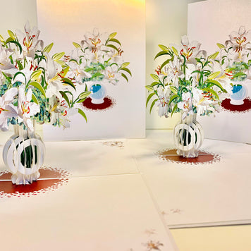 Lush White Oriental Lilies in a Vase Origami Pop Cards 3D Pop Up Greeting Card Happy Birthday Thank You Handmade Gift Thinking of You Blank Card for Any Occasion Happy Mother's Day Happy Father's Australiana Celebrate Love and Romantic