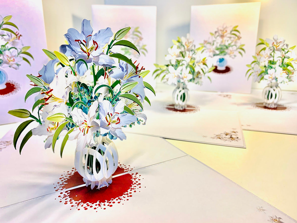 Lush White Oriental Lilies in a Vase Origami Pop Cards 3D Pop Up Greeting Card Happy Birthday Thank You Handmade Gift Thinking of You Blank Card for Any Occasion Happy Mother's Day Happy Father's Australiana Celebrate Love and Romantic