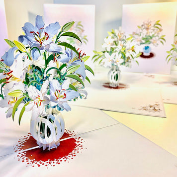 Lush White Oriental Lilies in a Vase Origami Pop Cards 3D Pop Up Greeting Card Happy Birthday Thank You Handmade Gift Thinking of You Blank Card for Any Occasion Happy Mother's Day Happy Father's Australiana Celebrate Love and Romantic