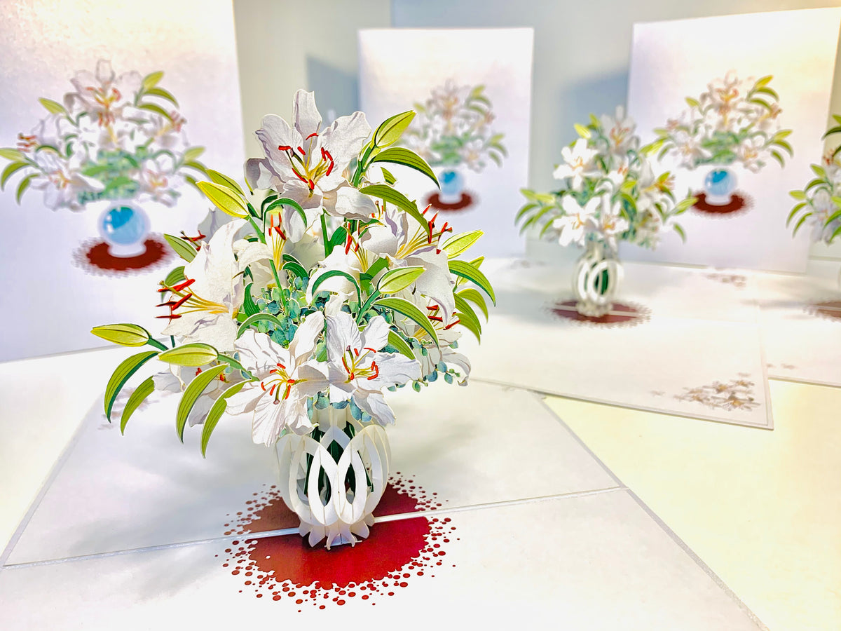 Lush White Oriental Lilies in a Vase Origami Pop Cards 3D Pop Up Greeting Card Happy Birthday Thank You Handmade Gift Thinking of You Blank Card for Any Occasion Happy Mother's Day Happy Father's Australiana Celebrate Love and Romantic